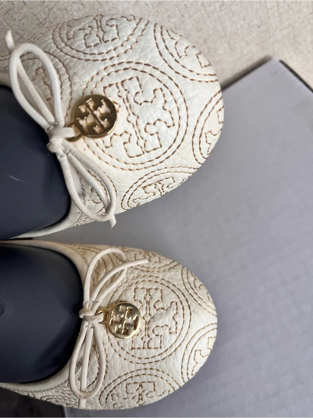 Tory Burch Cream Embroidered Ballet Flat with Logo Medallion